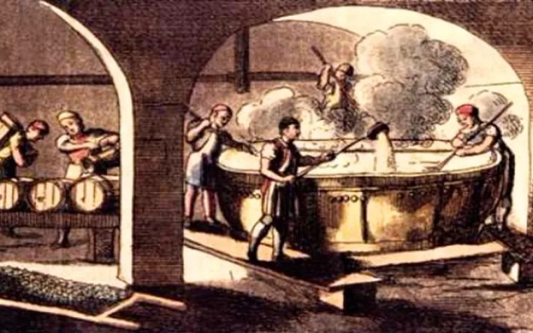 Historická ilustrace výroby piva